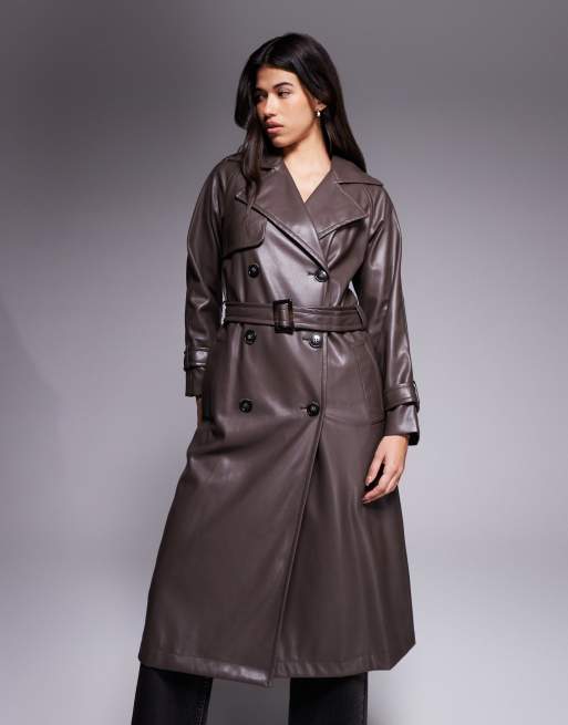 River Island faux leather faux leather trench coat in dark brown, 4 of 4