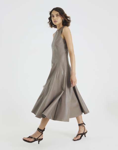 River Island Faux leather fitted waist midi dress in stone - dark