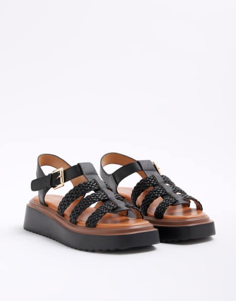 River Island Faux leather flatform sandals in black - view 1