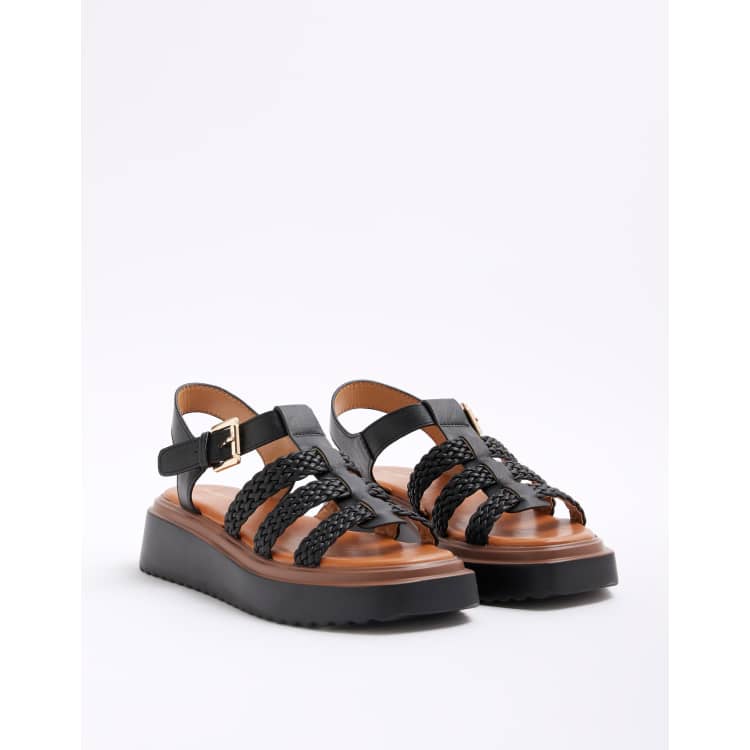 River Island Faux leather flatform sandals in black ASOS