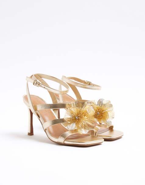 River Island Faux leather floral trim heeled sandals in gold - view 1