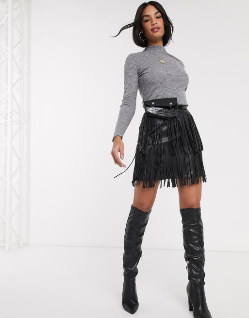 River Island faux leather fringed mini skirt in black