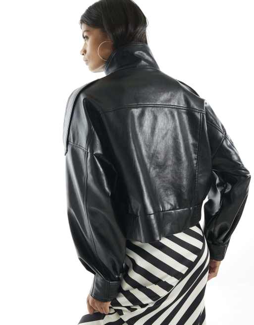 River Island Faux leather funnel boxy jacket in black, 4 of 4