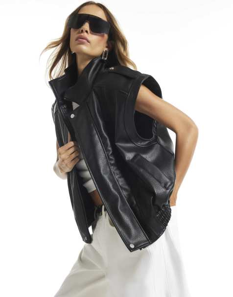 River Island Faux leather funnel neck biker gilet in black - view 1