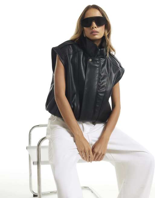 River Island Faux leather funnel neck biker gilet in black, 2 of 4
