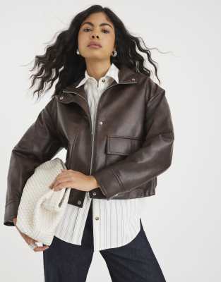 River Island Faux Leather Funnel Neck Bomber Jacket In Brown