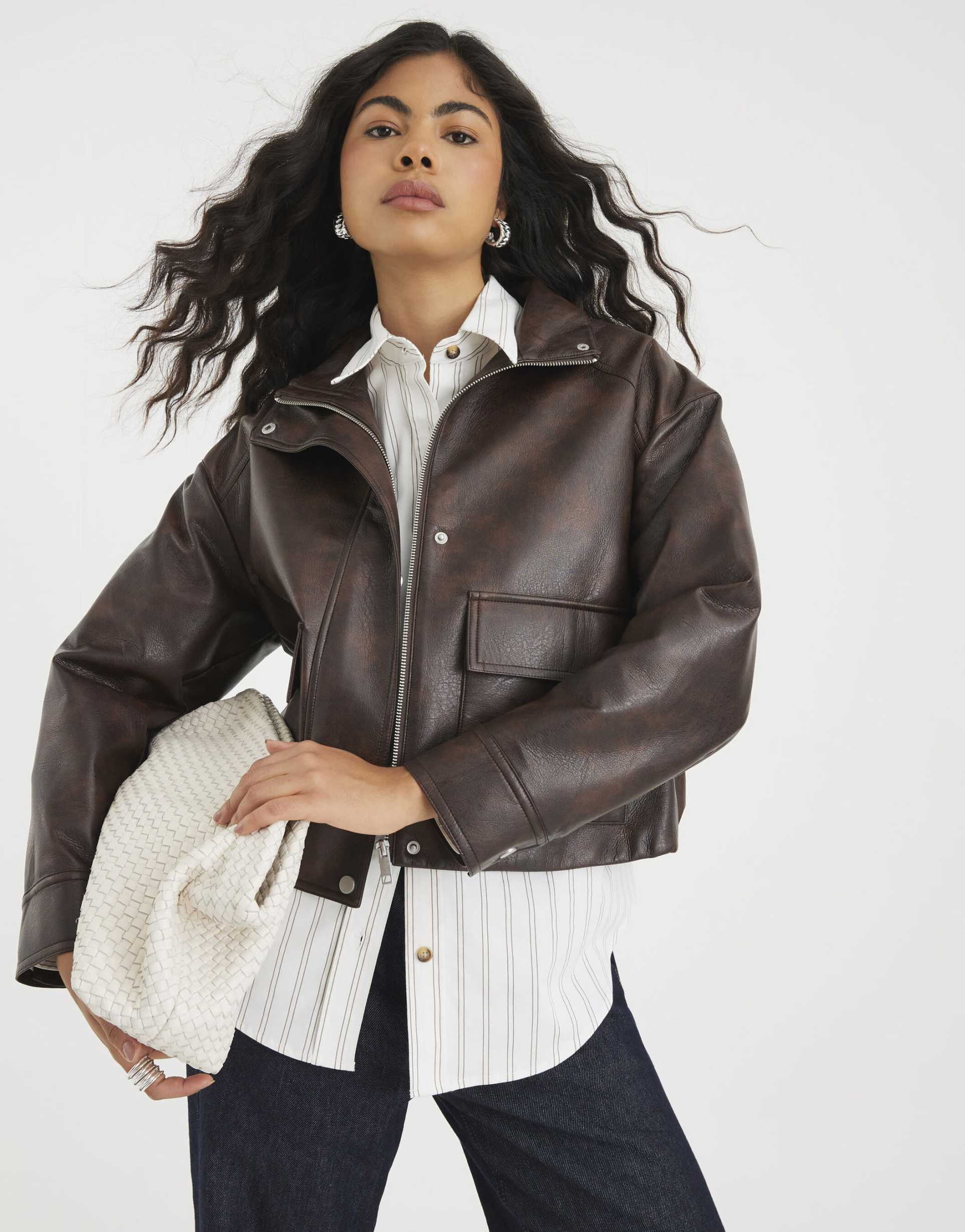 river island faux leather funnel neck bomber jacket in brown - dark