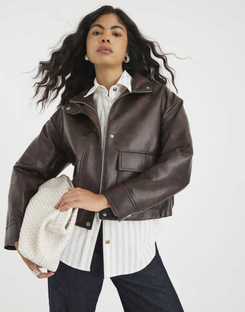 River Island Faux leather funnel neck bomber jacket in brown - dark