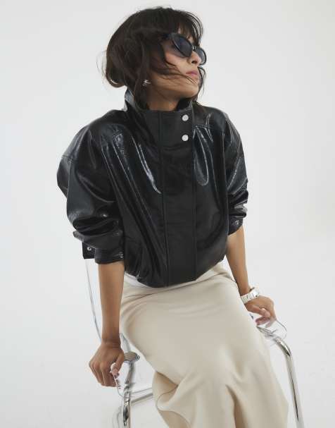 River Island Faux leather funnel neck jacket in black - view 1