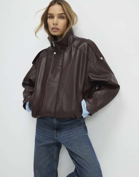 River Island Faux leather funnel neck jacket in brown - dark