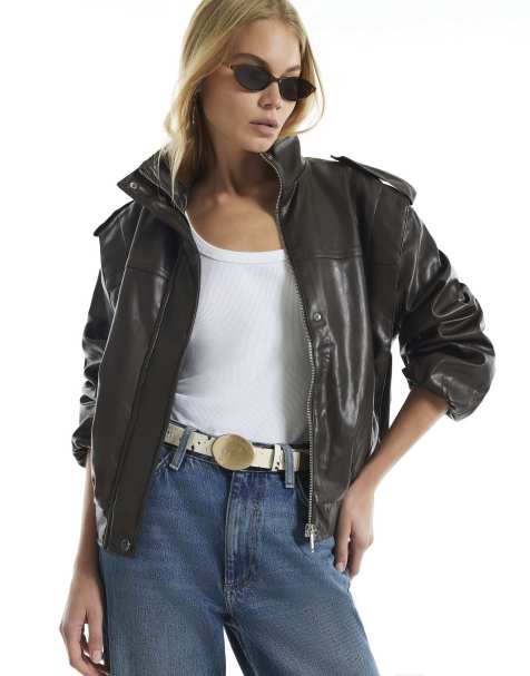 River Island Faux leather funnel neck jacket in brown - view 1