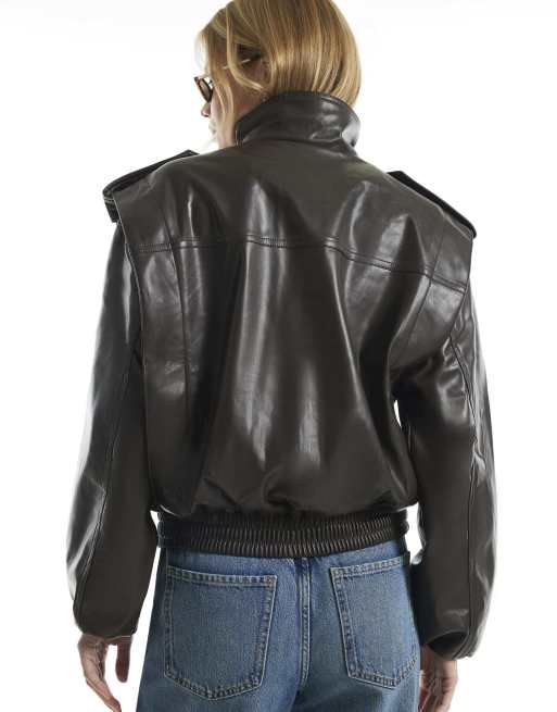 River Island Faux leather funnel neck jacket in brown, 4 of 4