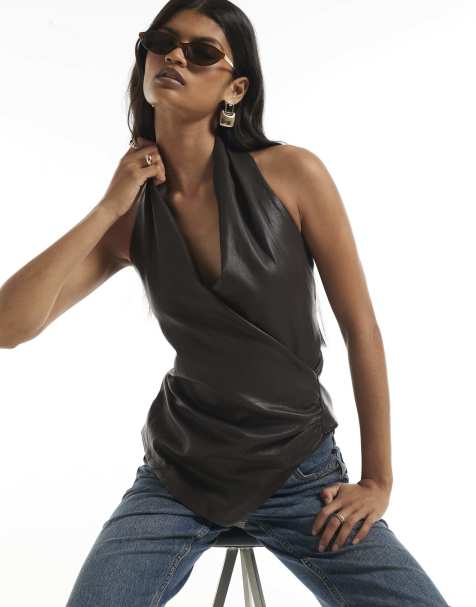 River Island Faux leather halter neck top in dark brown - view 1