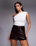 [River Island] River Island faux leather high waisted shorts in burgundy-Red 14 Red-dark