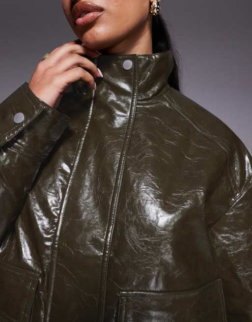 River Island faux leather jacket in dark khaki, 4 of 4