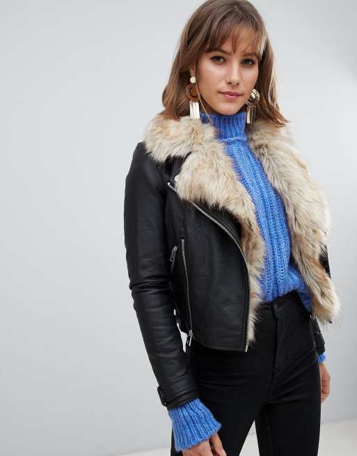 Faux Fur Trim Leather Jacket