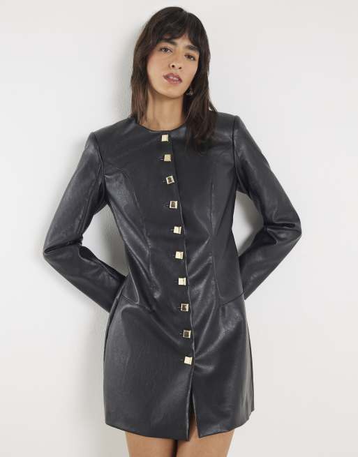 River Island Faux leather long sleeve mini dress in black | ASOS