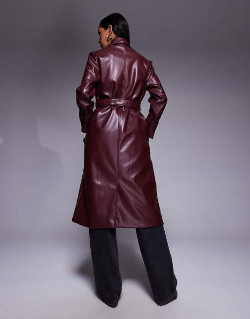 River Island faux leather longline wrap coat in dark red ASOS