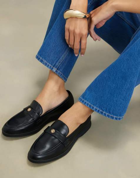 River Island Faux leather metal decal loafers in black - view 1