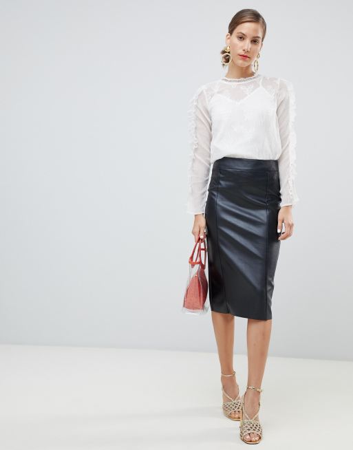 River Island faux leather midi pencil skirt in black