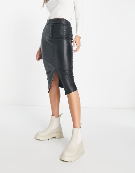 River Island faux leather midi pencil skirt with split hem detail in ...