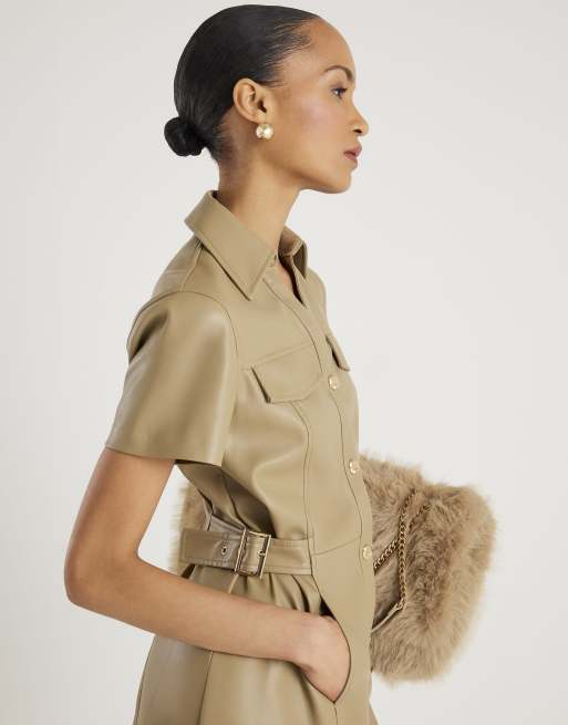 River Island Faux leather midi shirt dress in beige - light | ASOS