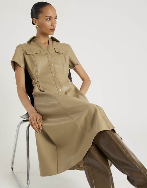 River Island Faux leather midi shirt dress in beige - light | ASOS