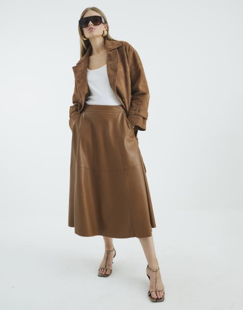 River Island Faux leather midi skirt in brown / amber