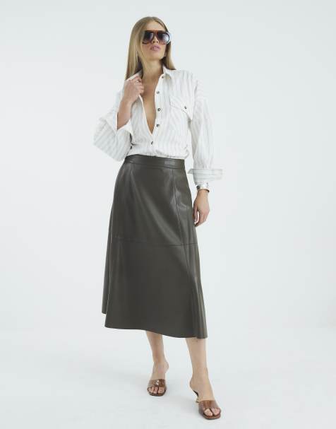 River Island Faux leather midi skirt in khaki - dark