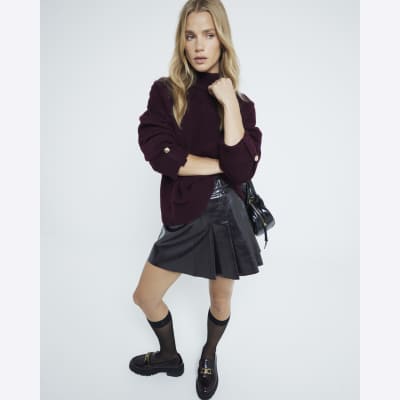 faux leather mini skirt in distressed dark brown