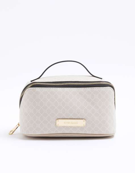 River Island Faux leather monogram make up bag in beige - light - view 1