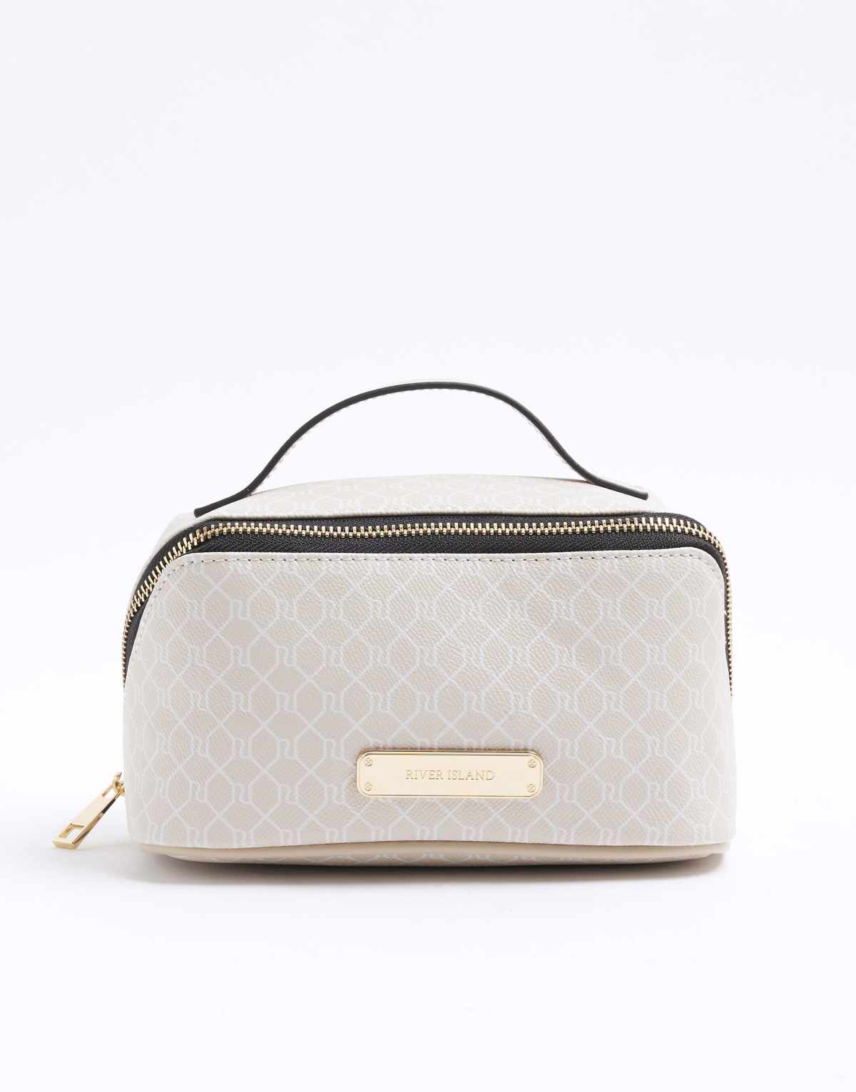 River Island Faux leather monogram make up bag in beige - light