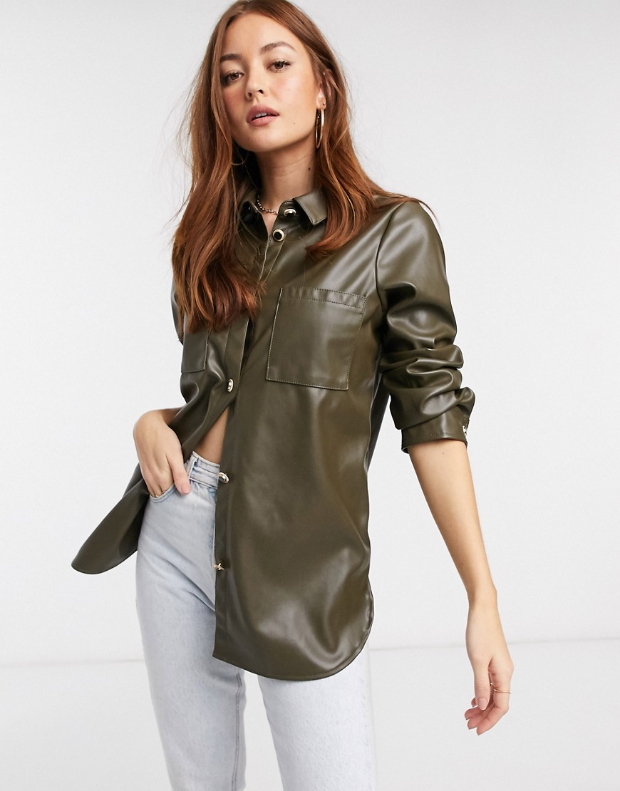 River Island faux leather oversized shirt in khaki-Green