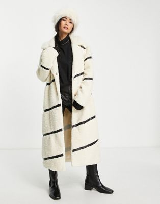 River Island faux leather panelled borg coat in cream - ASOS Price Checker