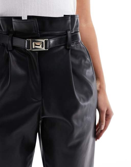 River Island Faux leather paperbag trousers in black