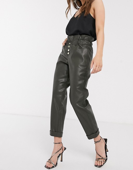River Island faux leather paperbag waist trousers in khaki