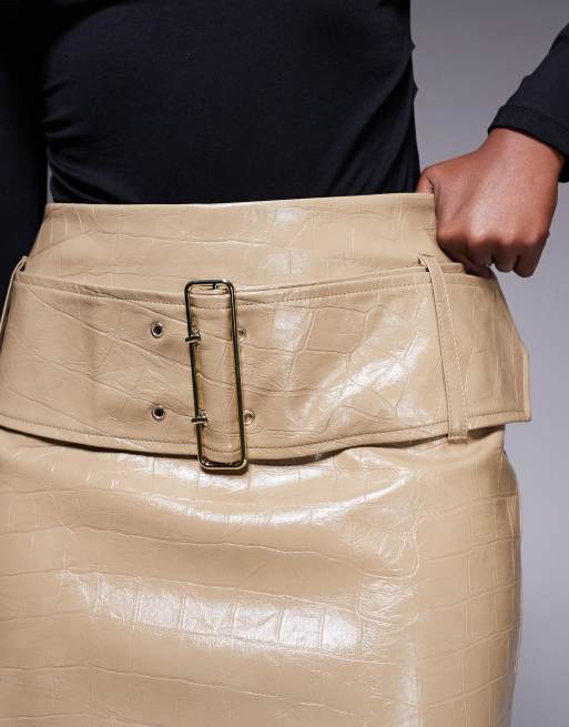River Island faux leather pocket detail mini skirt in beige, 3 of 5