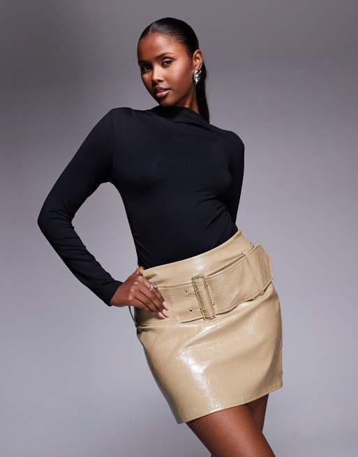 River Island faux leather pocket detail mini skirt in beige, 4 of 5