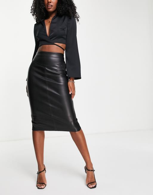 River Island faux leather ponte panelled midi pencil skirt in black ASOS