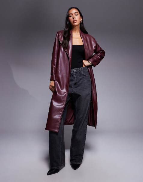 River Island faux leather pu long line wrap coat in dark red - view 1