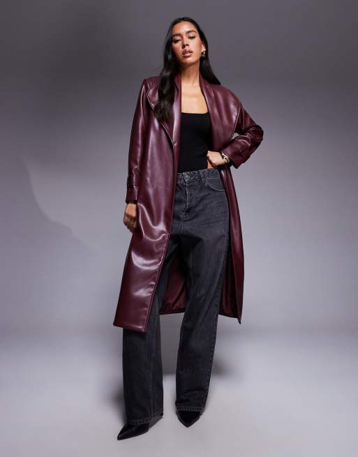 River Island faux leather pu long line wrap coat in dark red