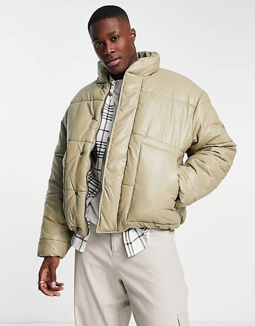 River Island faux leather puffer in beige | ASOS