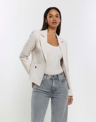 River Island Faux leather quilted blazer in stone - light - ASOS Price Checker