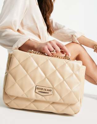 River Island faux leather quilted chain shoulder bag in beige-White