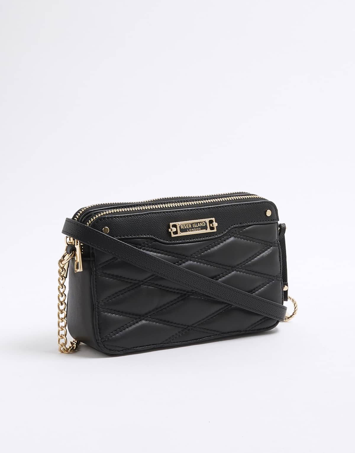 River Island Faux leather quilted cross body bag in black