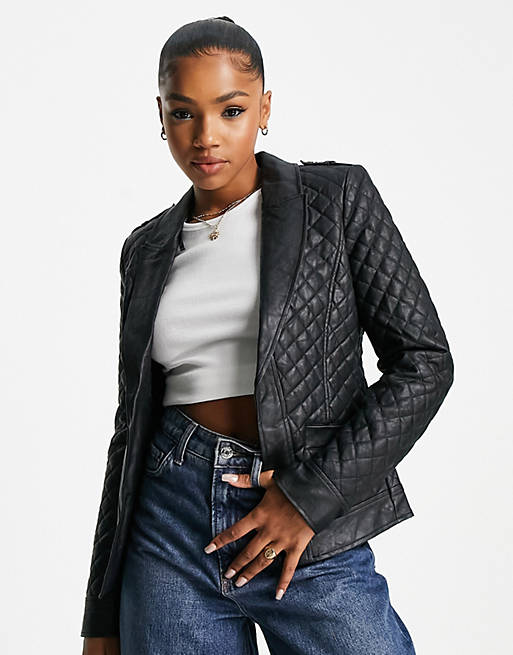 River Island faux leather quilted jacket in black