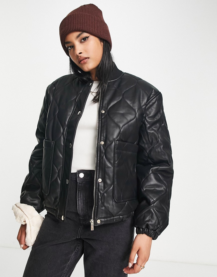 River Island faux leather quilted padded jacket in black