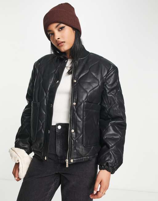 River Island faux leather quilted padded jacket in black | ASOS