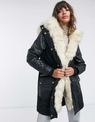 River Island faux leather quilted parka coat in black