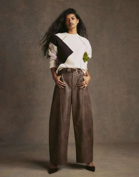River Island Faux leather seamed barrel leg trousers in brown - view 1